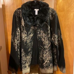 Chicos | Black and Gold Women’s Cardigan  | Faux Fur Collar Detail